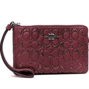NWT COACH Corner Zip Wristlet Wallet Card Case in Wine with Glitter Signature